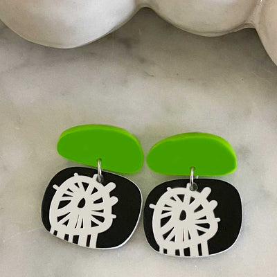 Circle Burst Earrings - Black White and Lime Green - Small
