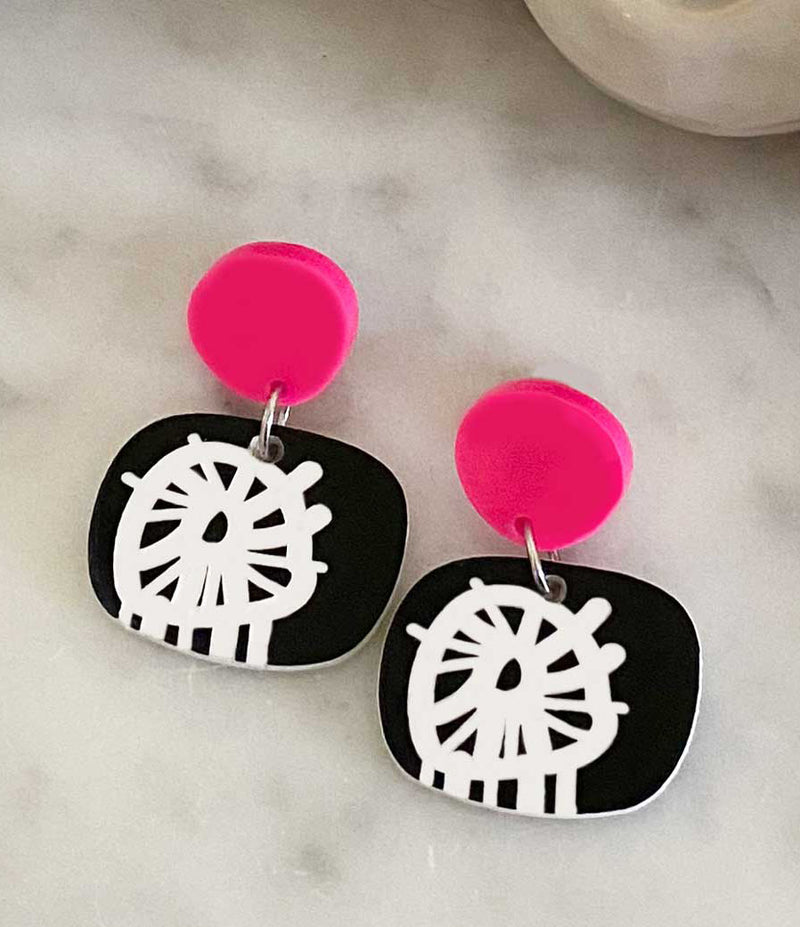 Circle Burst Earrings - Black White and  Hot Pink - Small