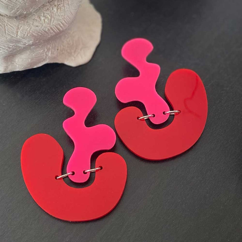 Below U earrings - red and hot pink