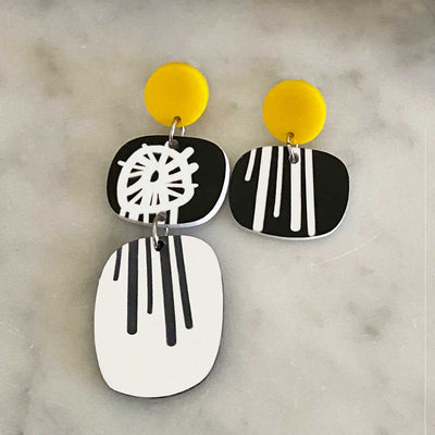 Circle Burst Earrings - Black White and Yellow - Asymmetric style