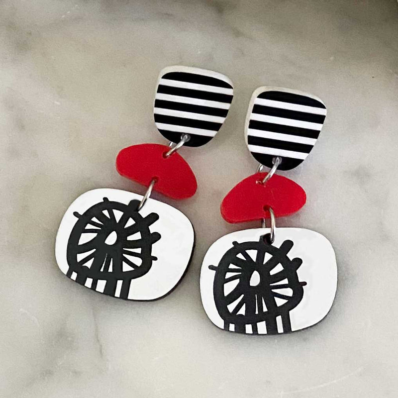 Circle Burst Trio Earrings - Black  White and Red