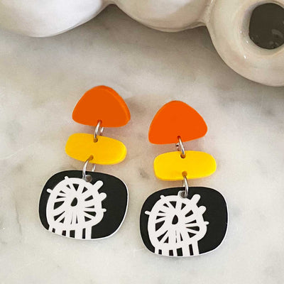 Circle Burst Trio Earrings - Black  White Orange and Yellow