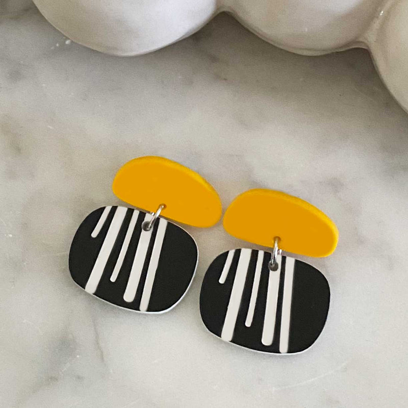 Love Stripes Earrings - Black White and Yellow - Small