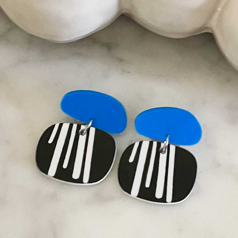 Love Stripes Earrings - Black White and Blue   - Small