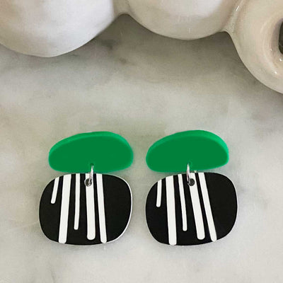 Love Stripes Earrings - Black White and Green   - Small