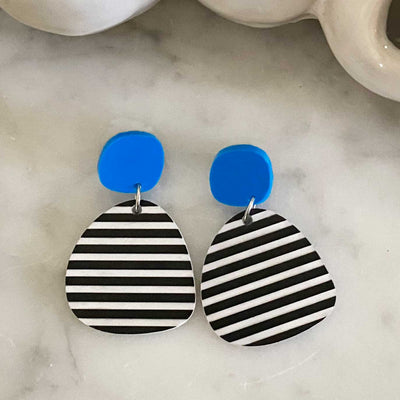 Pebbles Earrings Striped- Black White & Blue - Medium Size
