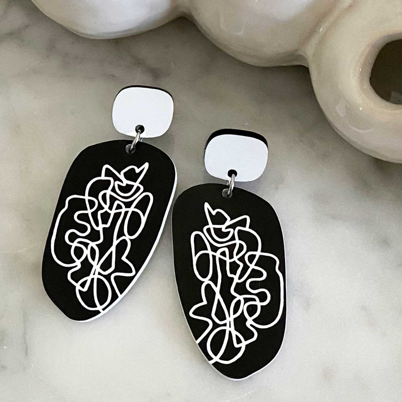 Scribbles Earrings - Black and White - Organic Oval