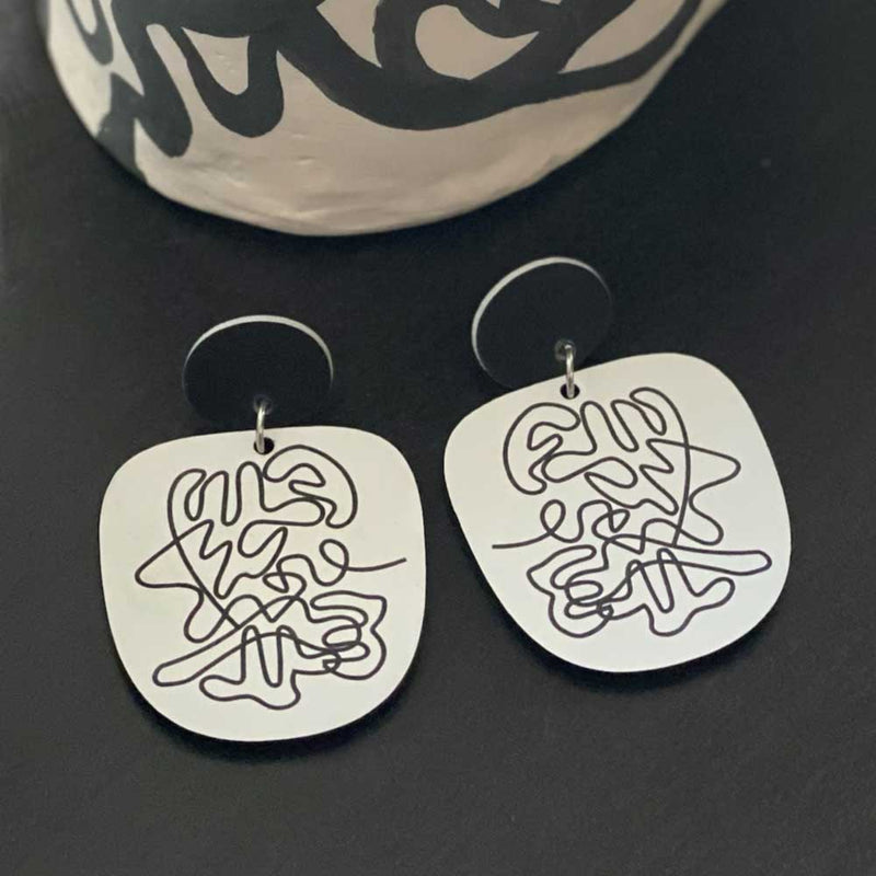 Scribbles Earrings - White and Black - Rounded Square