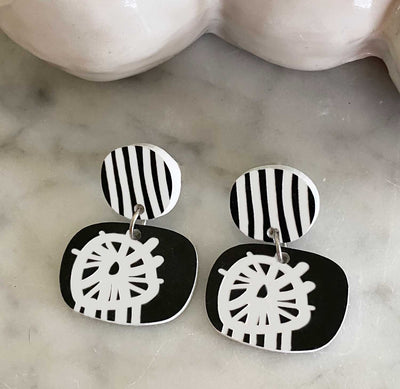 Circle Burst Earrings - Black and White with striped ear button - Small