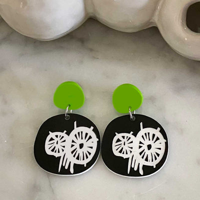 Circle Burst Earrings - Black White and Lime - Round