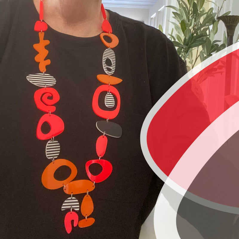 Orange, Neon Red, Black and White Long Length Necklace