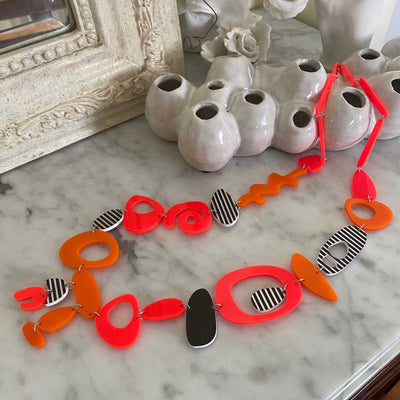 Orange, Neon Red, Black and White Long Length Necklace