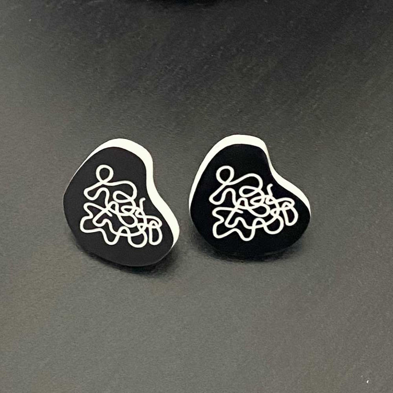 Scribbles Earrings - Black and White -  Kidney shaped large stud