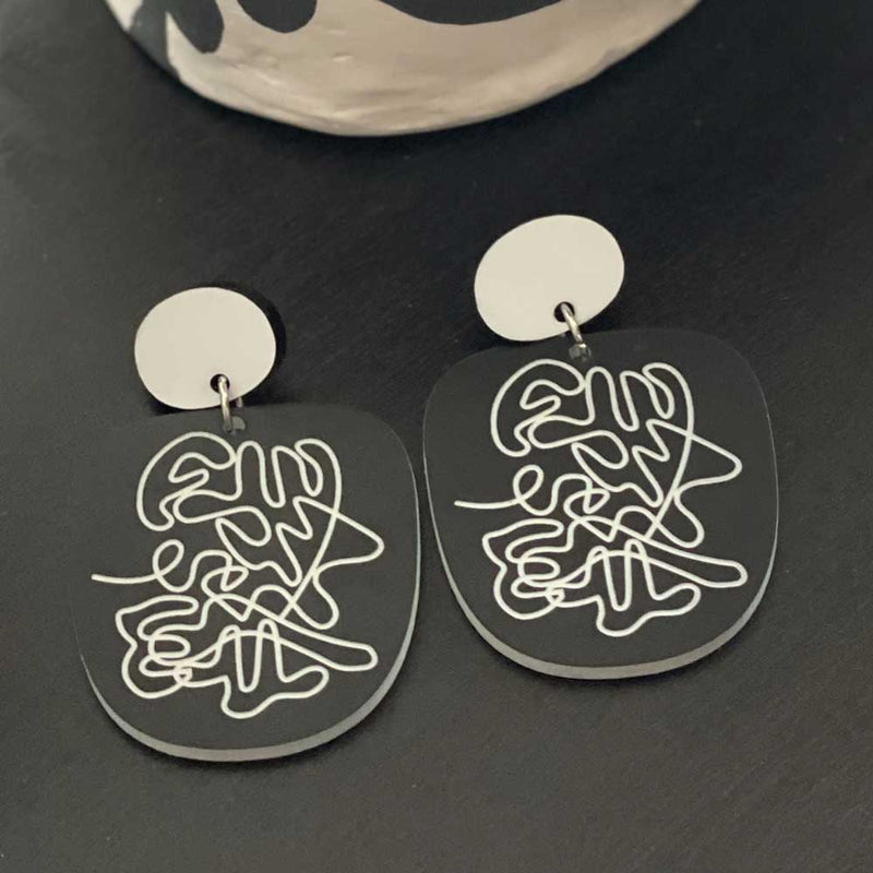 Scribbles Earrings - Black and White - Rounded Square