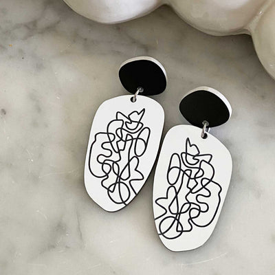 Scribbles Earrings - White and Black - Organic Oval