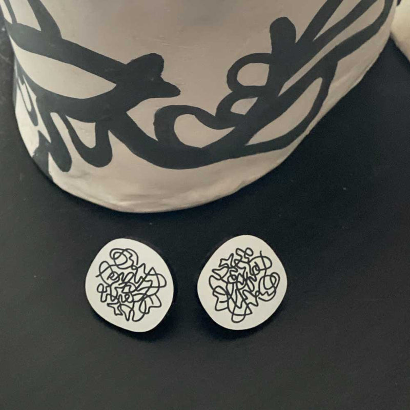 Scribbles Earrings - White and Black -  Pebble shaped large stud