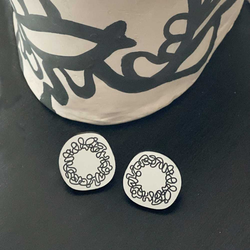 Scribbles Earrings - White and Black -  Circle - large stud