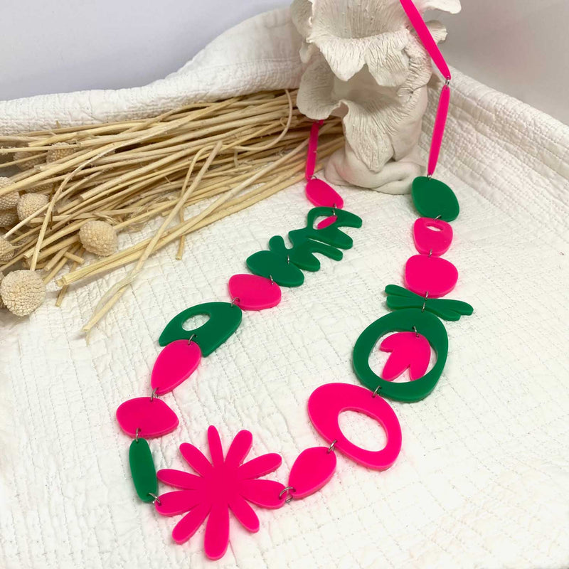 Hot Pink and Bright Green Long Necklace