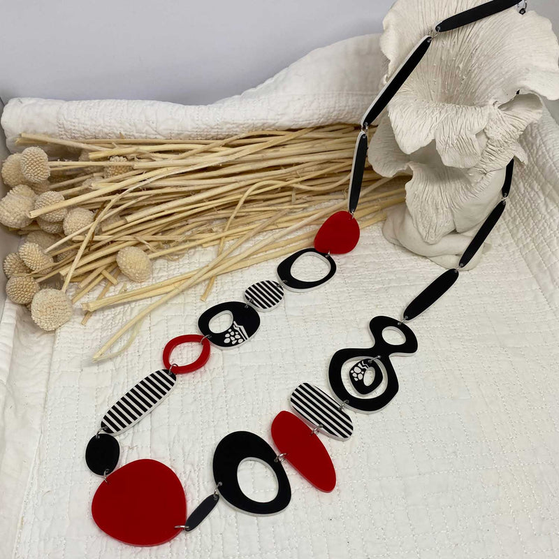 Black White & Red Long Necklace – Reversable - different each side