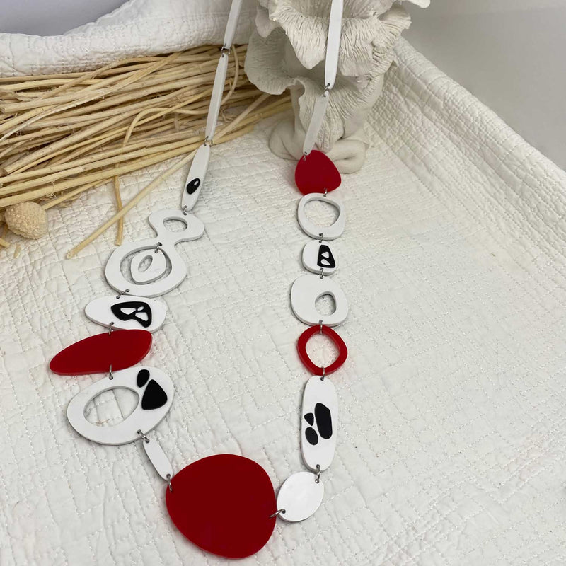 Black White & Red Long Necklace – Reversable - different each side