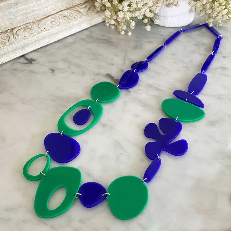 Royal Blue and Bright Green Long Necklace