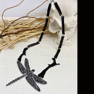 Black Dragonfly Necklace with white etched pattern