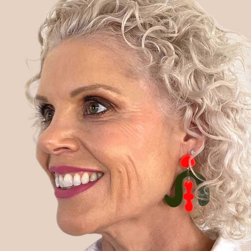 Judy Earrings – Olive and Neon Red