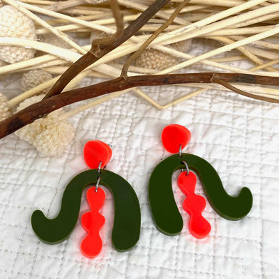 Judy Earrings – Olive and Neon Red