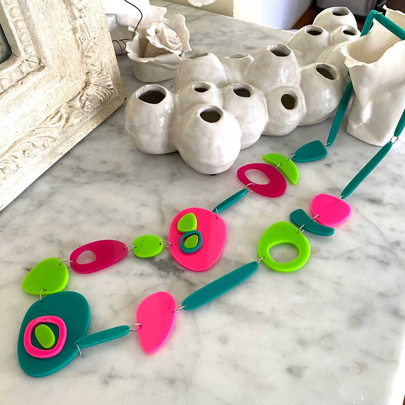 Hot Pink, Lime, Crimson and Jade Long Necklace