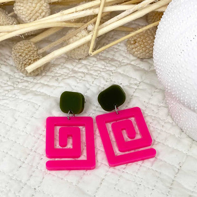 Mary Squary – Hot Pink and Olive Earrings (Smaller size)