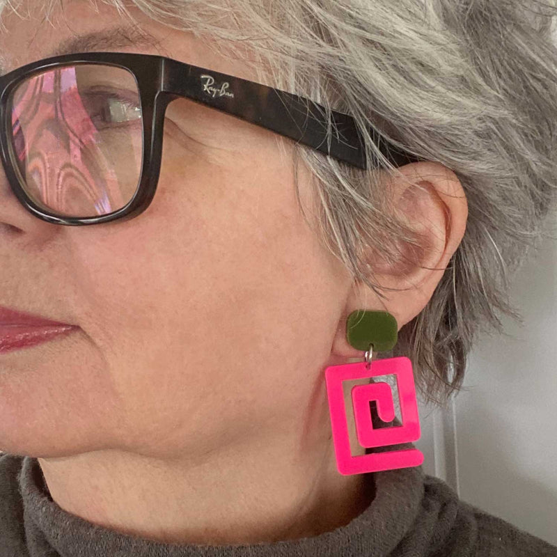 Mary Squary – Hot Pink and Olive Earrings (Smaller size)