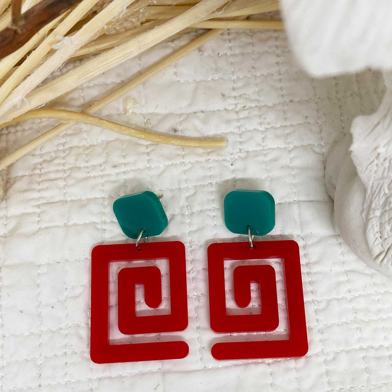 Mary Squary – Red and Jade coloured earrings (Smaller size)