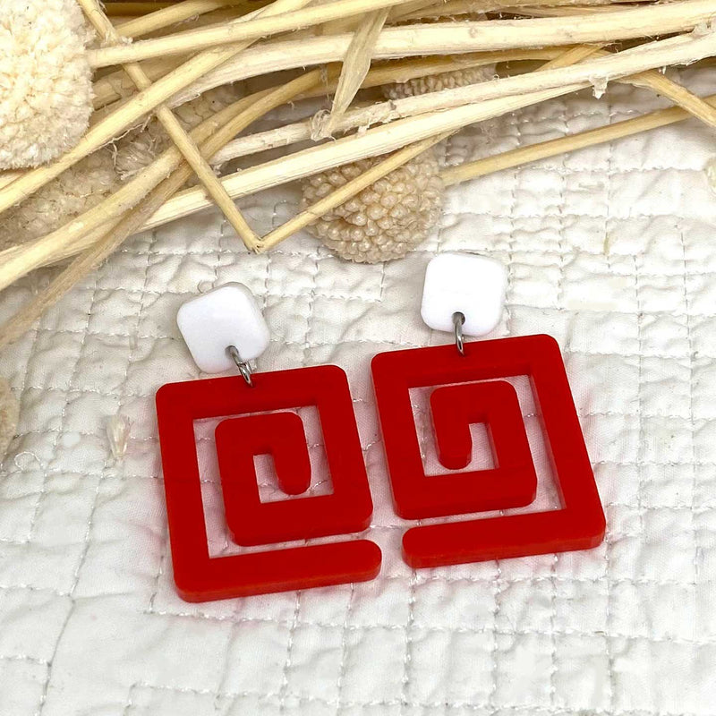 Mary Squary – Warm Red and White Earrings