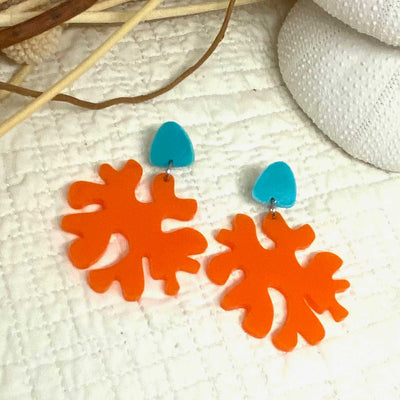 Round Coral Earring - Orange and Aqua, Medium Size