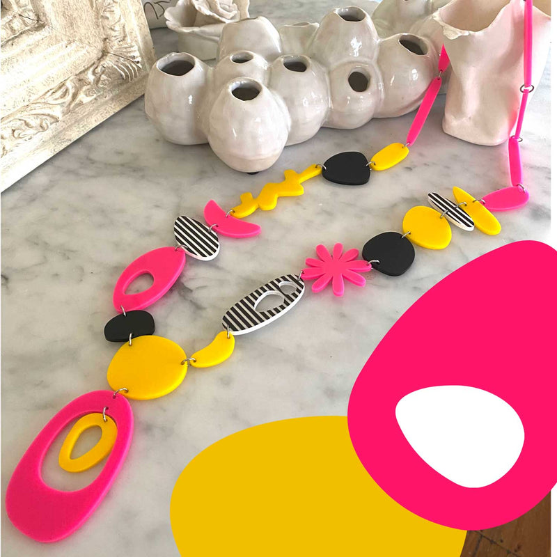 Hot Pink, Black, Yellow & Black White Striped Extra Long Necklace