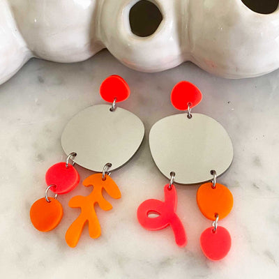 Bojangles earrings – Silver, Neon Red and Orange