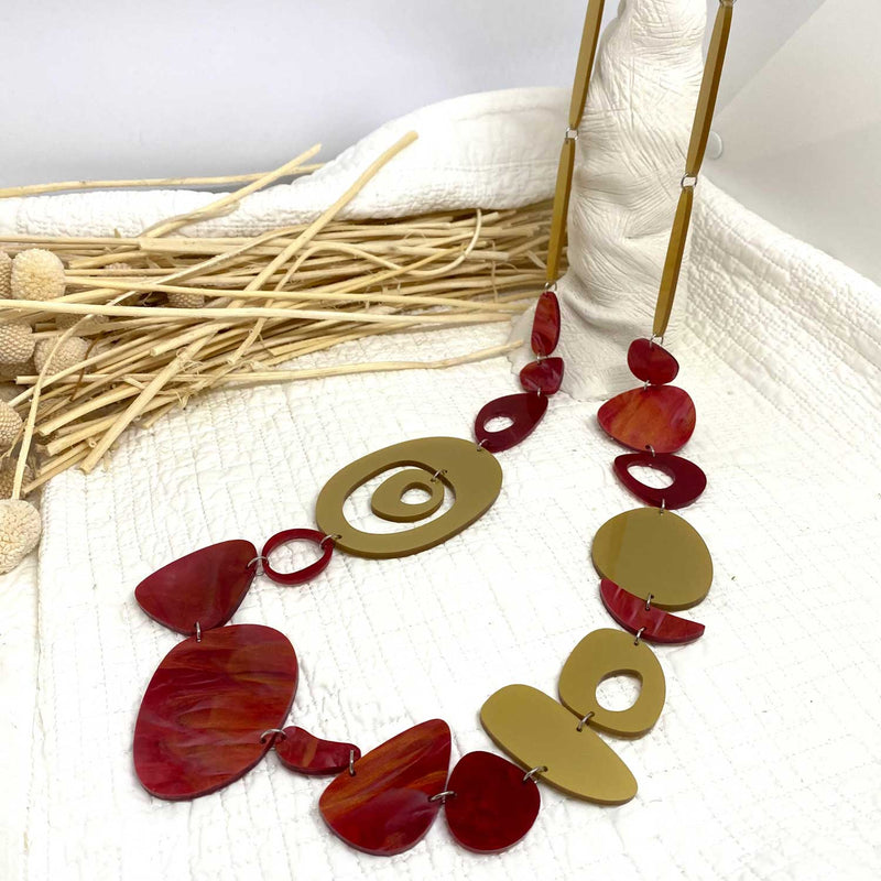 Gold and Red Marble Effect Long Necklace